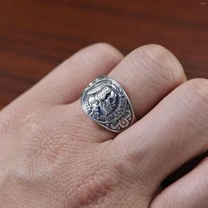 Klusterringar Solid S925 Pure Silver smycken Retro Thai Portrait Skull Ring Justerbara modemän och kvinnor