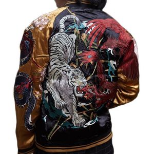 Męskie kurtki Yokosuka Streetwear Reversible Jackets Płaszcze Black Dragon White Tiger Phoenix Suzaku Snake Turtle Chińskie mityczne bestie 230824