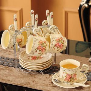 Coffeware set European Coffee Cup Set Luxury Ceramic English Afternoon Tea Floral Pot With Spoon Gold Shelf