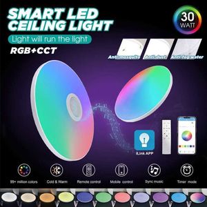 Ny RGB färgglada LED-runda takljus smart app dimble tri-proof ljus med högtalare för sovrum kök vardagsrum fest hkd230825