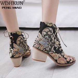 Botki wydrukowane vintage kobiety motocyklowe kostki retro bohemian damskie buty kobietę 2021 NoW haft wysokie buty T230824 438