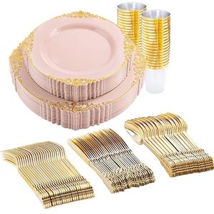 Disposable Dinnerware Cutlery Pink Plastic Tray With Silverware Glasses Birthday Wedding Baptism Party Supplies 10 Person Set 230825