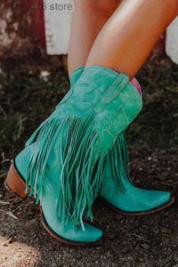 Pattern Chunky Cowgirls Fringe Love Cowboy Women For Heels Pointed Toe Western Boots Slip On Shoes Female plus size 45 T230824 591