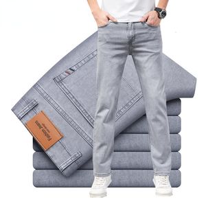 Jeans masculinos marca reta leve algodão estiramento denim negócios casual cintura alta fina cinza claro 230824