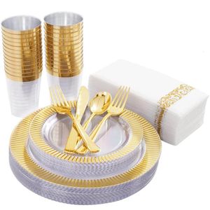 Disposable Dinnerware Gold rose gold disposable tableware plastic dinner plate salad cup napkin wedding party supplies 10 people set 230825