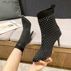 Sexy 2023 Crystal Fashion Rhinestone Stretch Fabric Botas para Mulher Sapatos de Toe Ponto Party Modern Autumn Booties 3C19