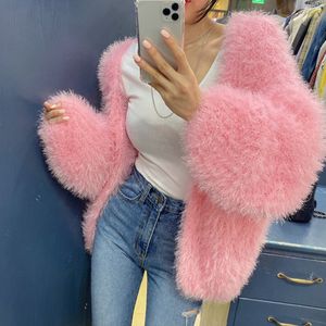 Suéteres femininos doce falso vison cabelo solto cardigan para mulheres outono inverno manga longa ponto aberto suéter outwear senhora bonito jaqueta de malha 230825