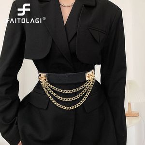 Waist Chain Belts Multilayer Gold Metal Chains Women Belt Black PU Leather Elastic Wide Straps Punk Rivet Suit Decor Dress Waistbands 230825