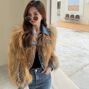 Womens Fur Faux s HighEnd Autumn And Winter Import Real Raccoon Jacket with Jeans Collar Coat Short Style Knitted Overcoat 230824