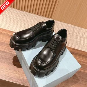 2023 Womens Dress Shoes Monolith Borsted Leather Platform Lace-Up Derby Ladies Chunky Heel Loafers Black Brushed White Patent Leather Designer Casual Shoe 35-41 EUR