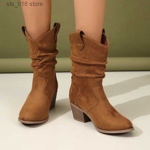 Boots Women Pleated High Heeled Ankle Boots 2023 Autumn New Pointed Toe Brown Cowboy Boots Woman Pu Leather Botas Shoes Plus Size 42 T230824