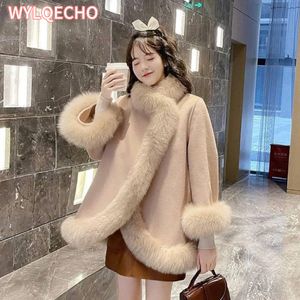 Mulheres misturas de lã casaco de pele capa xale moda coreana solta jaqueta curta feminina 230824