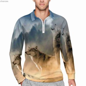 Awesome Wolf Casual Polo Shirt Stars Galaxy T-Shirts Long Sleeve Graphic Shirt Autumn Trending Oversized Man Tops Birthday Gift HKD230825