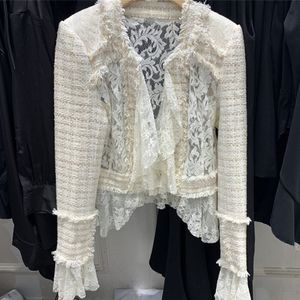 Women's Wool Blends Autumn Elegant Ladies Tweed Woven Lace Patchwork Jacket For Women Slim Fit Short Cardigan Coat Y4268 230824