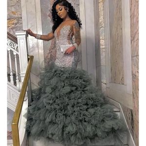 Silver Prom Dress Mermaid 2024 Long Sleeves Beads Ruffles African Evening Party Dresses Vestidos de Gala