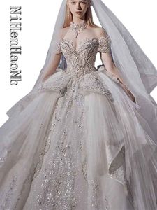Urban Sexy Dresses Luxus-Hochzeitskleid, schulterfrei, Prinzessin, glitzernde Applikationen, Hofschleppe, Brautkleider 230825