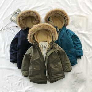 Down Coat Boys' jacket winter fur collar hooded insulation plush large pocket outdoor windbreaker thickened 211 fashion children clothing x0825