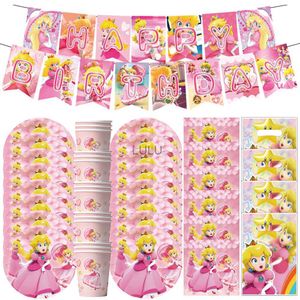 Desenhos animados pêssego princesa decoração de aniversário infantil tema talheres placa de papel copo guardanapos pêssego chá de bebê suprimentos de festa hkd230825 hkd230825