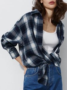 Kvinnors blusar Plaid Rand Cotton Solid skjortor Kvinnor avvisar nacken långärmad chic skjorta topp femme 2023 sommar casual kläder