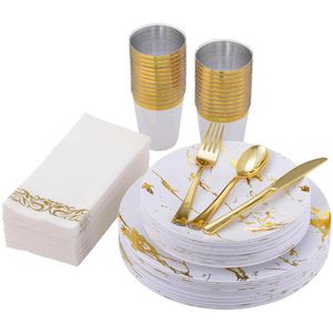 Disposable Dinnerware 10 Person Set Cutlery Marble Plastic Dinner Plate Gold Spoon Cup Napkin Wedding Birthday Party Supplies 230825