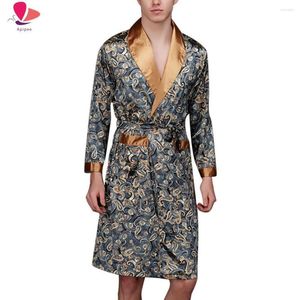 Mäns Sleepwear Men Bathrobe Simulation Silk Print Pyjamas Lingerie Robe Mens Summer Robes Male Senior Satin