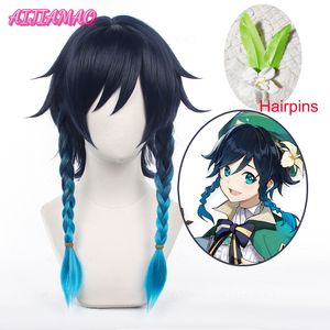 Cosplay Wigs Genshin Impact Venti cosplay wig للجنسين 50 سم الأزرق البسكرا الكسبلاي أنيمي cosplay جديلة الباروكات مقاومة للحرارة الاصطناعية الهالوين 230824