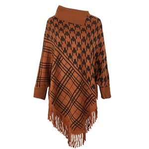 Kadın Sweaters Büyük Boyutlu Capes Sweater Kadınlar Sonbahar Kış Moda Ekose Tassel Şal Pelerin Bayanlar Sokak Güzergahı Zarif Örme Külot Ponchos 230824