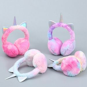 Ear Muffs Winter Warmer Children Kids Colorful Unicorn Soft Plush Fluffy Earflap Earmuffs Lovely Cat Ears Caps Headband Tie dye Fur Hat 230824