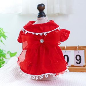 Dog Apparel Pet Clothing Red Hollow Out Dress For Dogs Clothes Cat Small Rhinestone Bowknot Gauze Skirt Cute Thin Summer Girl Yorkshire