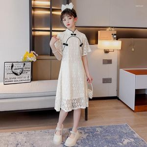 Etnik Giyim Kızlar Elbise Yaz 2023 Şık Pan Düğmesi Kısa Kollu Qipao Etek Kızlar için Çin Tarzı Hanfu Düz Renk İnce Styl