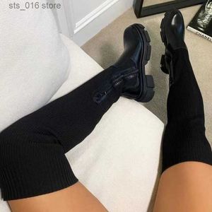 Сапоги женские ботинки на колене 2021 вязаная осенняя модная женская платформа ботинок сплайсинга женские носки обувь женщина длинные ботинки T230824