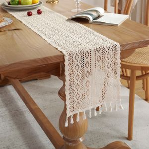 Bordslöpare Romantiska bröllopsbordslöpare Handgjorda Tassel Vintage Woven Cotton Linen Table Runner Long For Party Dining Table Decoration 230824