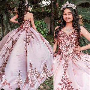 2023 Rose Gold Sequined Lace Quinceanera Dresses Blush Pink Ball Gown Puffy Sweetheart Sequins Sweet 16 Party Prom Dress Evening Gowns Corset Back