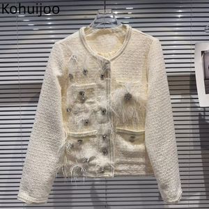 Damen Wollmischungen Kohuijoo Herbstweißer Damenmantel mit Federn Diamantschwerer Tweed Wollübergroße weibliche Langarm-Perlenjacke O-Ausschnitt 230824