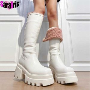 Buty 2022 Winter Fashion Motorcycle Snow Boots Kobiety ciepła gruba pluszowa platforma kolanowa wysokie botki żeńskie ulice wysokie obcasy Botas Mujer T230824