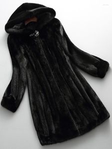 Women's Fur Winter Luxury Long Black Faux Mink Coat Women With Hood Sleeve Elegant Thick Warm Fluffy Furry Jacket 6xl 7xl