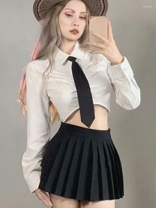 Blusas femininas preppy botão acima camisa de colheita branca com gravata coreano fino ajuste manga longa topo moda blusa 2023 outono senhora escritório