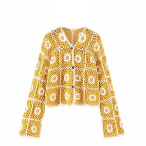 Women's Knits Tees Cropped Knit Cardigan Sun Protection Sweater crochet Jersey mesh fabric Outerwear Handmade Sunflower Knitted Hollow Out coat 230824