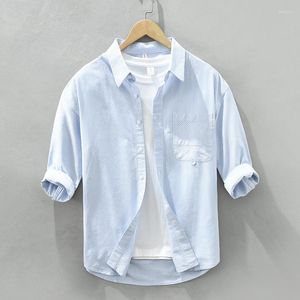 Camisas casuais masculinas verão sólido avô colarinho americano estilo de ferramentas puro algodão premium masculino blusas top listra camisa