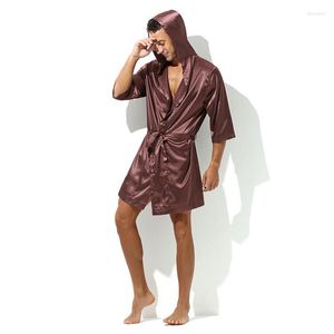 Mäns sömnkläder Kort ärmpar Par Pyjama Bath Robe Hooded Bathrobe Summer Silk Satin Nightgown Kimono Loose Sexy