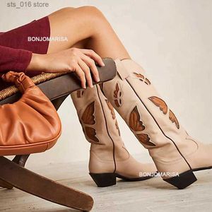 Mid Womens Cowboy Boots Embroidered Butterfly Calf Cowgirl Pointed Toe Stacked Heel Autumn Winter Slip On Shoes Brand Design T230824 804