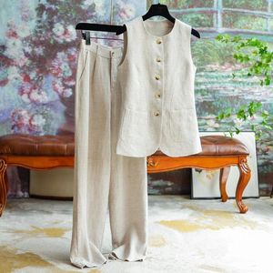 Calças femininas de duas peças de alta qualidade algodão linho fino jaqueta de cavalo de cintura alta de pernas largas moda terno feminino casual deslocamento simples