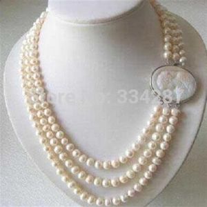 Oryginalne 3 rzędy 7-8 mm słodkowodne naszyjnik w kamerze Pearl Cameo Camp260R