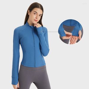 Camicie attive con logo Fitness Giacca sportiva da donna Tasche con cerniera completa Palestra Slim Fit Manica lunga Crop Top Allenamento Yoga Cappotto Foro per il pollice