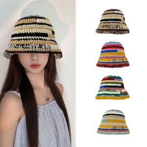 Wide Brim Hats Bucket Hats Sweet Girls Crochet Stripe Pattern Bucket Hat Ladies Fisherman Cap Color Matching Woman Teens Winter Windproof Hat M6CD 230824