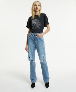 Jeans para mulheres calças de grife cintura alta rasgado azul claro marca de moda bordada calças de perna reta 25-30 tamanhos