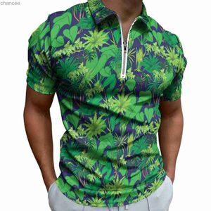 Tropical Plants Polo Shirt Green Leaves Print Casual Shirt Summer Trendy Men Short Sleeve Zipper Graphic T-Shirts HKD230825