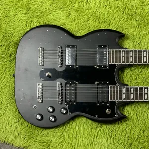 Guitarra elétrica personalizada, preto escuro jimmypage pescoço duplo 6 + 12 cordas guitarras guitarra