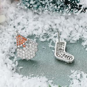 Stud Earrings Santa Claus Hat Socks Boho Silver Color Christmas White Orange Zircon Small Stone For Women Gift