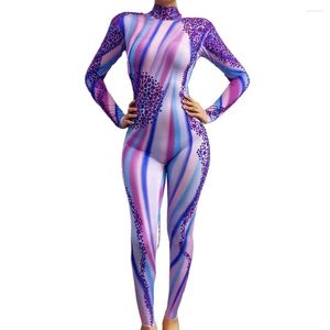 Stage Wear Sparkly Purple Rhinestones Jumpsuit Women Party Birthday Outfits Dance Leotard Leggings Sexy Performance Show